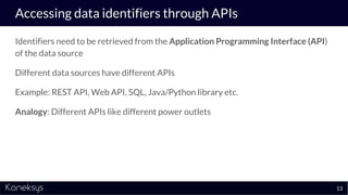 Accessing data identifiers through APIs
Identifiers need to be retrieved from the Application Programming Interface (API)
...