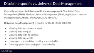 Discipline-specific vs. Universal Data Management
Currently, we have discipline-specific data management: Simulation Data
...