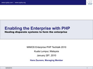 www.nyphp.com / www.nyphp.org




   Enabling the Enterprise with PHP
   Healing disparate systems to form the enterprise




                                MIMOS Enterprise PHP Techtalk 2010
                                      Kuala Lumpur, Malaysia
                                        January 28th, 2010

                                  Hans Zaunere, Managing Member


    02/02/2010                                                       1
 