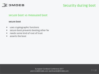 secure boot vs measured boot
secure boot
uses cryptographic functions
secure boot prevents booting other fw
needs some kind of root of trust
asserts the boot
Security during boot
7 / 32
European Coreboot Conference 2017
piotr.krol@3mdeb.com, kamil.wcislo@3mdeb.com
 