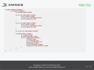 FLASH@0xff800000 0x800000 {
SI_BIOS@0x0 0x800000 {
RO_APUFW@0x20000 0x80000
RW_SECTION_A@0x100000 0xf0000 {
VBLOCK_A@0x0 0x10000
FW_MAIN_A(CBFS)@0x10000 0xdffc0
RW_FWID_A@0xeffc0 0x40
}
RW_SECTION_B@0x1f0000 0xf0000 {
VBLOCK_B@0x0 0x10000
FW_MAIN_B(CBFS)@0x10000 0xdffc0
RW_FWID_B@0xeffc0 0x40
}
RW_LEGACY(CBFS)@0x300000 0x200000
WP_RO@0x570000 0x290000 {
RO_VPD@0x0 0x4000
RO_UNUSED3@0x4000 0xc000
RO_SECTION@0x10000 0x280000 {
FMAP@0x0 0x800
RO_FRID@0x800 0x40
RO_FRID_PAD@0x840 0x7c0
GBB@0x1000 0x7f000
RO_AGESA@0x80000 0x90000
COREBOOT(CBFS)@0x110000 0x170000
}
}
}
}
FMD ﬁle
26 / 32
European Coreboot Conference 2017
piotr.krol@3mdeb.com, kamil.wcislo@3mdeb.com
 