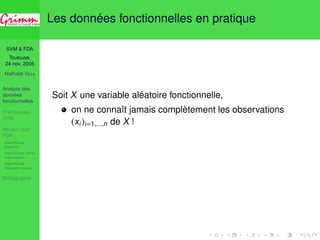 SVM  FDA 
Toulouse, 
24 nov. 2005 
Nathalie VILLA 
Analyse des 
données 
fonctionnelles 
Principe des 
SVM 
Noyaux pour 
FDA 
Approche par 
projection 
Approche par splines 
d’interpolation 
Approche par 
régression inverse 
Bibliographie 
Les données fonctionnelles en pratique 
Soit X une variable aléatoire fonctionnelle, 
on ne connaît jamais complètement les observations 
(xi)i=1,...,n de X ! 
 