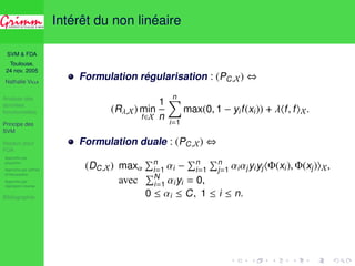 SVM  FDA 
Toulouse, 
24 nov. 2005 
Nathalie VILLA 
Analyse des 
données 
fonctionnelles 
Principe des 
SVM 
Noyaux pour 
FDA 
Approche par 
projection 
Approche par splines 
d’interpolation 
Approche par 
régression inverse 
Bibliographie 
Intérêt du non linéaire 
Formulation régularisation : (PC,X) , 
(R,X) min 
f2X 
1 
n 
Xn 
i=1 
max(0, 1 − yi f (xi)) + hf , f iX. 
Formulation duale : (PC,X) , 
(DC,X) max 
Pni 
=1 i − 
Pni 
=1 
Pnj 
=1 ijyiyjh(xi),(xj)iX, 
avec 
PNi 
=1 iyi = 0, 
0  i  C, 1  i  n. 
 