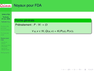 SVM  FDA 
Toulouse, 
24 nov. 2005 
Nathalie VILLA 
Analyse des 
données 
fonctionnelles 
Principe des 
SVM 
Noyaux pour 
FDA 
Approche par 
projection 
Approche par splines 
d’interpolation 
Approche par 
régression inverse 
Bibliographie 
Noyaux pour FDA 
Forme générale 
Prétraitement : P : H ! D 
8 u, v 2 H,Q(u, v) = K(P(u), P(v)). 
 