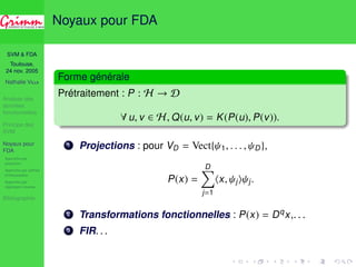SVM  FDA 
Toulouse, 
24 nov. 2005 
Nathalie VILLA 
Analyse des 
données 
fonctionnelles 
Principe des 
SVM 
Noyaux pour 
FDA 
Approche par 
projection 
Approche par splines 
d’interpolation 
Approche par 
régression inverse 
Bibliographie 
Noyaux pour FDA 
Forme générale 
Prétraitement : P : H ! D 
8 u, v 2 H,Q(u, v) = K(P(u), P(v)). 
1 Projections : pour VD = Vect{ 1, . . . ,  D}, 
P(x) = 
XD 
j=1 
hx,  ji j . 
2 Transformations fonctionnelles : P(x) = Dqx,. . . 
3 FIR. . . 
 