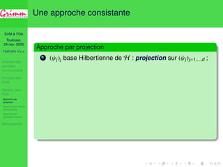 SVM  FDA 
Toulouse, 
24 nov. 2005 
Nathalie VILLA 
Analyse des 
données 
fonctionnelles 
Principe des 
SVM 
Noyaux pour 
FDA 
Approche par 
projection 
Approche par splines 
d’interpolation 
Approche par 
régression inverse 
Bibliographie 
Une approche consistante 
Approche par projection 
1 ( j)j base Hilbertienne de H : projection sur ( j)j=1,...,d ; 
 