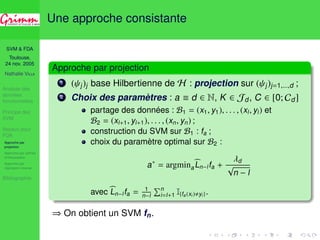 SVM  FDA 
Toulouse, 
24 nov. 2005 
Nathalie VILLA 
Analyse des 
données 
fonctionnelles 
Principe des 
SVM 
Noyaux pour 
FDA 
Approche par 
projection 
Approche par splines 
d’interpolation 
Approche par 
régression inverse 
Bibliographie 
Une approche consistante 
Approche par projection 
1 ( j)j base Hilbertienne de H : projection sur ( j)j=1,...,d ; 
2 Choix des paramètres : a  d 2 N, K 2 Jd, C 2 [0; Cd] 
partage des données : B1 = (x1, y1), . . . , (xl , yl ) et 
B2 = (xl+1, yl+1), . . . , (xn, yn) ; 
construction du SVM sur B1 : fa ; 
choix du paramètre optimal sur B2 : 
a = argmina 
bL 
n−l fa + 
d 
p 
n − l 
avecbL 
n−l fa = 1 
n−l 
Pni 
=l+1 I{fa (xi ),yi }. 
) On obtient un SVM fn. 
 