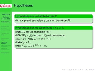 SVM  FDA 
Toulouse, 
24 nov. 2005 
Nathalie VILLA 
Analyse des 
données 
fonctionnelles 
Principe des 
SVM 
Noyaux pour 
FDA 
Approche par 
projection 
Approche par splines 
d’interpolation 
Approche par 
régression inverse 
Bibliographie 
Hypothèses 
Hypothèses sur la distribution de X 
(H1) X prend ses valeurs dans un borné de H. 
Hypothèses sur les paramètres : 8 d  1, 
(H2) Jd est un ensemble fini ; 
(H3) 9Kd 2 Jd tel que : Kd est universel et 
9d  0 : N(Kd, ) = O(−d ) ; 
(H4) Cd  1 ; 
(H5) 
P 
d1 |Jd|e−22d 
 +1. 
 