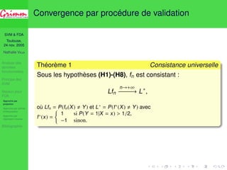 SVM  FDA 
Toulouse, 
24 nov. 2005 
Nathalie VILLA 
Analyse des 
données 
fonctionnelles 
Principe des 
SVM 
Noyaux pour 
FDA 
Approche par 
projection 
Approche par splines 
d’interpolation 
Approche par 
régression inverse 
Bibliographie 
Convergence par procédure de validation 
Théorème 1 Consistance universelle 
Sous les hypothèses (H1)-(H8), fn est consistant : 
Lfn 
n!+1 
−−−−−! L, 
où Lfn = ( 
P(fn(X) , Y) et L = P(f (X) , Y) avec 
1 si P(Y = 1|X = x)  1/2, 
f (x) = 
−1 sinon. 
 