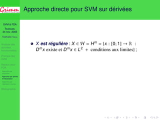 SVM  FDA 
Toulouse, 
24 nov. 2005 
Nathalie VILLA 
Analyse des 
données 
fonctionnelles 
Principe des 
SVM 
Noyaux pour 
FDA 
Approche par 
projection 
Approche par splines 
d’interpolation 
Approche par 
régression inverse 
Bibliographie 
Approche directe pour SVM sur dérivées 
X est régulière : X 2 H = Hm = {x : [0; 1] ! R : 
Dmx existe et Dmx 2 L2 + conditions aux limites} ; 
 