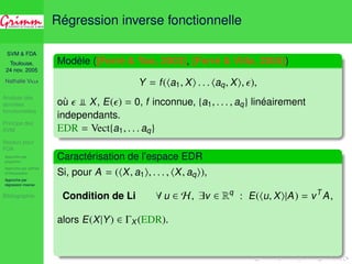 SVM  FDA 
Toulouse, 
24 nov. 2005 
Nathalie VILLA 
Analyse des 
données 
fonctionnelles 
Principe des 
SVM 
Noyaux pour 
FDA 
Approche par 
projection 
Approche par splines 
d’interpolation 
Approche par 
régression inverse 
Bibliographie 
Sommaire 
1 Analyse des données fonctionnelles 
2 Principe des SVM 
3 Noyaux pour FDA 
Approche par projection 
Approche par splines d’interpolation 
Approche par régression inverse 
 