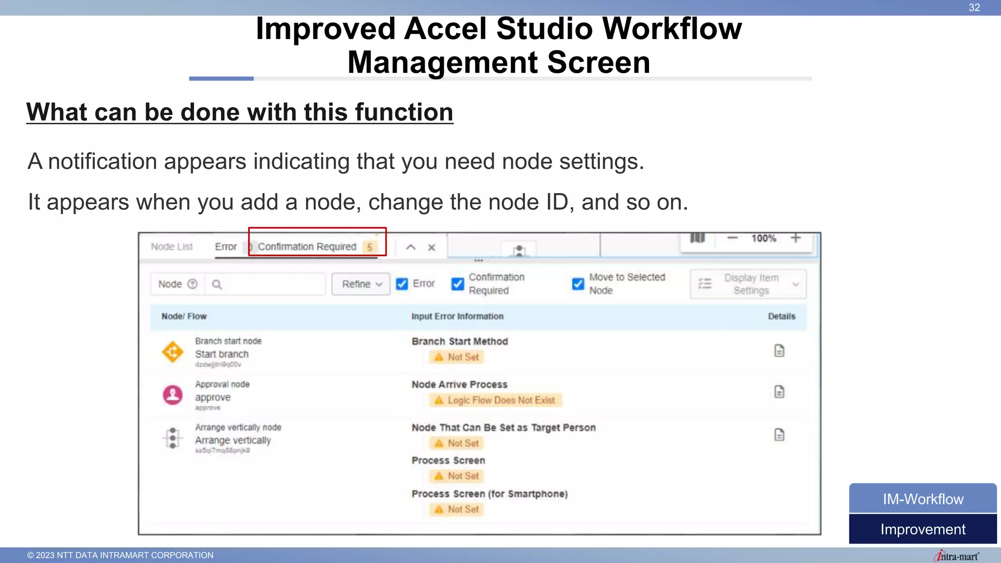 © 2023 NTT DATA INTRAMART CORPORATION
What can be done with this function
Improved Accel Studio Workflow
Management Screen
32
A notification appears indicating that you need node settings.
It appears when you add a node, change the node ID, and so on.
Improvement
IM-Workflow
 