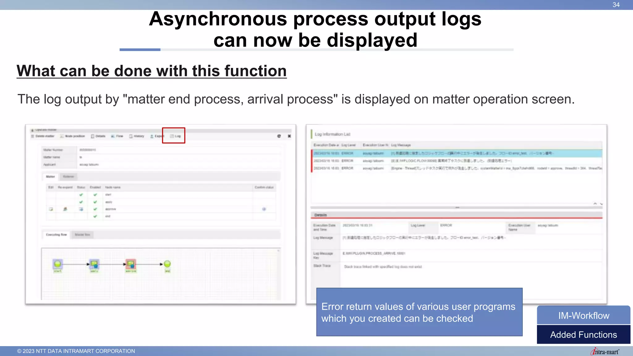 © 2023 NTT DATA INTRAMART CORPORATION
What can be done with this function
Asynchronous process output logs
can now be displayed
34
The log output by "matter end process, arrival process" is displayed on matter operation screen.
Added Functions
IM-Workflow
Error return values of various user programs
which you created can be checked
 