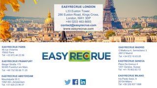 EASYRECRUE FRANKFURT
Berger Straße 175
60385 Frankfurt am Main,
Tel: +49 152 08 68 71 25
EASYRECRUE MADRID
C/Mallorca 4, Semisótano 3
28012 Madrid
Tel: +34 672 16 63 05
EASYRECRUE MILANO
Via Paolo Sarpi, 8
20154 Milano
Tel: +39 329 837 1998
EASYRECRUE PARIS
48 rue Vivienne
75002 Paris
Tél: +33 972 46 23 56
EASYRECRUE AMSTERDAM
Mauritskade 55 C,
1092 AD—Amsterdam
Tel: +31 629 23 96 07
EASYRECRUE GENEVA
Place De-Grenus 4
1201 Genève, Suisse
Tel: +41 76 803 63 72
EASYRECRUE LONDON
L33 Euston Tower,
286 Euston Road, Kings Cross,
London, NW1 3DP
+44 0203 463 8693
contact@easyrecrue.com
www.easyrecrue.com
 
