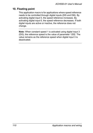 ACH550-01 User's Manual
110 Application macros and wiring
10. Floating point
This application macro is for applications where speed reference
needs to be controlled through digital inputs (DI5 and DI6). By
activating digital input 5, the speed reference increases. By
activating digital input 6, the speed reference decreases. If both
digital inputs are active or inactive, the reference does not
change.
Note: When constant speed 1 is activated using digital input 3
(DI3), the reference speed is the value of parameter 1202. The
value remains as the reference speed when digital input 3 is
deactivated.
 
