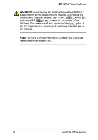 8 Contents of this manual
ACH550-01 User's Manual
WARNING! Do not control the motor with an AC contactor or
disconnecting device (disconnecting means); use instead the
control panel (operator keypad) start (HAND ), AUTO )
and stop (OFF ) keys or external commands (I/O or
fieldbus). The maximum allowed number of charging cycles of
the DC capacitors (i.e. power-ups by applying power) is five in
ten minutes.
Note: For more technical information, contact your local ABB
representative (see page 441).
 