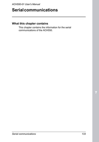 Serial communications 133
ACH550-01 User's Manual
Serialcommunications
What this chapter contains
This chapter contains the information for the serial
communications of the ACH550.
 