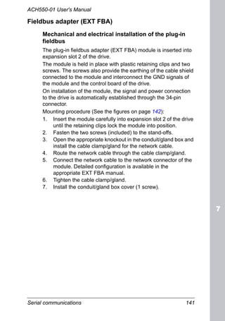 Serial communications 141
ACH550-01 User's Manual
Fieldbus adapter (EXT FBA)
Mechanical and electrical installation of the plug-in
fieldbus
The plug-in fieldbus adapter (EXT FBA) module is inserted into
expansion slot 2 of the drive.
The module is held in place with plastic retaining clips and two
screws. The screws also provide the earthing of the cable shield
connected to the module and interconnect the GND signals of
the module and the control board of the drive.
On installation of the module, the signal and power connection
to the drive is automatically established through the 34-pin
connector.
Mounting procedure (See the figures on page 142):
1. Insert the module carefully into expansion slot 2 of the drive
until the retaining clips lock the module into position.
2. Fasten the two screws (included) to the stand-offs.
3. Open the appropriate knockout in the conduit/gland box and
install the cable clamp/gland for the network cable.
4. Route the network cable through the cable clamp/gland.
5. Connect the network cable to the network connector of the
module. Detailed configuration is available in the
appropriate EXT FBA manual.
6. Tighten the cable clamp/gland.
7. Install the conduit/gland box cover (1 screw).
 