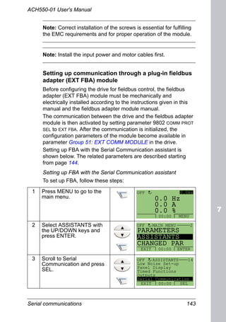 Serial communications 143
ACH550-01 User's Manual
Note: Correct installation of the screws is essential for fulfilling
the EMC requirements and for proper operation of the module.
Note: Install the input power and motor cables first.
Setting up communication through a plug-in fieldbus
adapter (EXT FBA) module
Before configuring the drive for fieldbus control, the fieldbus
adapter (EXT FBA) module must be mechanically and
electrically installed according to the instructions given in this
manual and the fieldbus adapter module manual.
The communication between the drive and the fieldbus adapter
module is then activated by setting parameter 9802 COMM PROT
SEL to EXT FBA. After the communication is initialized, the
configuration parameters of the module become available in
parameter Group 51: EXT COMM MODULE in the drive.
Setting up FBA with the Serial Communication assistant is
shown below. The related parameters are described starting
from page 144.
Setting up FBA with the Serial Communication assistant
To set up FBA, follow these steps:
1 Press MENU to go to the
main menu.
2 Select ASSISTANTS with
the UP/DOWN keys and
press ENTER.
3 Scroll to Serial
Communication and press
SEL.
0 A
0 Hz
0 %0.
0.
0.
0.0HzOFF
MENU00:00
PARAMETERS
ASSISTANTS
CHANGED PAR
EXIT ENTER00:00
OFF MAIN MENU 2
Low Noise Set-up
Panel Display
Timed Functions
Outputs
Serial Communication
EXIT SEL00:00
ASSISTANTS 14OFF
 