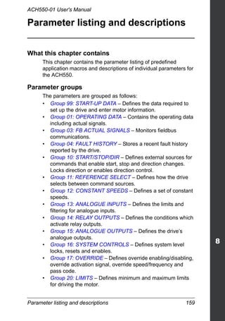 Parameter listing and descriptions 159
ACH550-01 User's Manual
Parameter listing and descriptions
What this chapter contains
This chapter contains the parameter listing of predefined
application macros and descriptions of individual parameters for
the ACH550.
Parameter groups
The parameters are grouped as follows:
• Group 99: START-UP DATA – Defines the data required to
set up the drive and enter motor information.
• Group 01: OPERATING DATA – Contains the operating data
including actual signals.
• Group 03: FB ACTUAL SIGNALS – Monitors fieldbus
communications.
• Group 04: FAULT HISTORY – Stores a recent fault history
reported by the drive.
• Group 10: START/STOP/DIR – Defines external sources for
commands that enable start, stop and direction changes.
Locks direction or enables direction control.
• Group 11: REFERENCE SELECT – Defines how the drive
selects between command sources.
• Group 12: CONSTANT SPEEDS – Defines a set of constant
speeds.
• Group 13: ANALOGUE INPUTS – Defines the limits and
filtering for analogue inputs.
• Group 14: RELAY OUTPUTS – Defines the conditions which
activate relay outputs.
• Group 15: ANALOGUE OUTPUTS – Defines the drive’s
analogue outputs.
• Group 16: SYSTEM CONTROLS – Defines system level
locks, resets and enables.
• Group 17: OVERRIDE – Defines override enabling/disabling,
override activation signal, override speed/frequency and
pass code.
• Group 20: LIMITS – Defines minimum and maximum limits
for driving the motor.
 