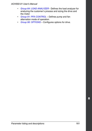 Parameter listing and descriptions 161
ACH550-01 User's Manual
• Group 64: LOAD ANALYZER - Defines the load analyzer for
analyzing the customer’s process and sizing the drive and
the motor
• Group 81: PFA CONTROL – Defines pump and fan
alternation mode of operation.
• Group 98: OPTIONS – Configures options for drive.
 