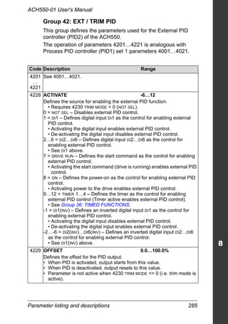 Parameter listing and descriptions 285
ACH550-01 User's Manual
Group 42: EXT / TRIM PID
This group defines the parameters used for the External PID
controller (PID2) of the ACH550.
The operation of parameters 4201…4221 is analogous with
Process PID controller (PID1) set 1 parameters 4001…4021.
Code Description Range
4201
…
4221
See 4001…4021.
4228 ACTIVATE -6…12
Defines the source for enabling the external PID function.
• Requires 4230 TRIM MODE = 0 (NOT SEL).
0 = NOT SEL – Disables external PID control.
1 = DI1 – Defines digital input DI1 as the control for enabling external
PID control.
• Activating the digital input enables external PID control.
• De-activating the digital input disables external PID control.
2…6 = DI2…DI6 – Defines digital input DI2…DI6 as the control for
enabling external PID control.
• See DI1 above.
7 = DRIVE RUN – Defines the start command as the control for enabling
external PID control.
• Activating the start command (drive is running) enables external PID
control.
8 = ON – Defines the power-on as the control for enabling external PID
control.
• Activating power to the drive enables external PID control.
9…12 = TIMER 1…4 – Defines the timer as the control for enabling
external PID control (Timer active enables external PID control).
• See Group 36: TIMED FUNCTIONS.
-1 = DI1(INV) – Defines an inverted digital input DI1 as the control for
enabling external PID control.
• Activating the digital input disables external PID control.
• De-activating the digital input enables external PID control.
-2…-6 = DI2(INV)…DI6(INV) – Defines an inverted digital input DI2…DI6
as the control for enabling external PID control.
• See DI1(INV) above.
4229 OFFSET 0.0…100.0%
Defines the offset for the PID output.
• When PID is activated, output starts from this value.
• When PID is deactivated, output resets to this value.
• Parameter is not active when 4230 TRIM MODE <> 0 (i.e. trim mode is
active).
 