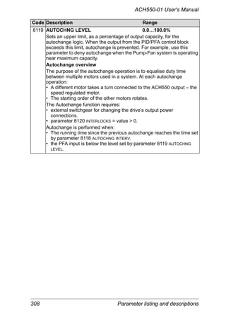 308 Parameter listing and descriptions
ACH550-01 User's Manual
8119 AUTOCHNG LEVEL 0.0…100.0%
Sets an upper limit, as a percentage of output capacity, for the
autochange logic. When the output from the PID/PFA control block
exceeds this limit, autochange is prevented. For example, use this
parameter to deny autochange when the Pump-Fan system is operating
near maximum capacity.
Autochange overview
The purpose of the autochange operation is to equalise duty time
between multiple motors used in a system. At each autochange
operation:
• A different motor takes a turn connected to the ACH550 output – the
speed regulated motor.
• The starting order of the other motors rotates.
The Autochange function requires:
• external switchgear for changing the drive’s output power
connections.
• parameter 8120 INTERLOCKS = value > 0.
Autochange is performed when:
• The running time since the previous autochange reaches the time set
by parameter 8118 AUTOCHNG INTERV.
• the PFA input is below the level set by parameter 8119 AUTOCHNG
LEVEL.
Code Description Range
 