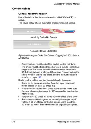 32 Preparing for installation
ACH550-01 User's Manual
Control cables
General recommendation
Use shielded cables, temperature rated at 60 °C (140 °F) or
above.
The figure below shows examples of recommended cables.
Figures courtesy of Draka NK Cables. Copyright © 2003 Draka
NK Cables.
• Control cables must be shielded and of twisted pair type.
• The shield must be twisted together into a bundle (pigtail) not
longer than five times its width and connected to terminal
X1:1 (for digital and analogue I/O cables). For connecting the
shield wires of the RS485 cable, see the instructions (and
note 3) on page 136.
Route control cables to minimise radiation to the cable:
• Route as far away as possible from the input power and
motor cables (at least 20 cm [8 in]).
• Where control cables must cross power cables make sure
they are at an angle as near to 90° as possible to minimise
interference.
• Keep at least 20 cm (8 in) away from the sides of the drive.
• Run relay-controlled signals as twisted pairs (especially if
voltage > 30 V). Relay-controlled signals using less than
30 V can be run in the same cables as digital input signals.
Jamak by Draka NK Cables
Nomak by Draka NK Cables
 