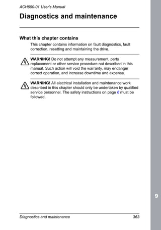 Diagnostics and maintenance 363
ACH550-01 User's Manual
Diagnostics and maintenance
What this chapter contains
This chapter contains information on fault diagnostics, fault
correction, resetting and maintaining the drive.
WARNING! Do not attempt any measurement, parts
replacement or other service procedure not described in this
manual. Such action will void the warranty, may endanger
correct operation, and increase downtime and expense.
WARNING! All electrical installation and maintenance work
described in this chapter should only be undertaken by qualified
service personnel. The safety instructions on page 6 must be
followed.
 