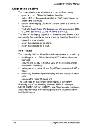 364 Diagnostics and maintenance
ACH550-01 User's Manual
Diagnostics displays
The drive detects error situations and reports them using:
• green and red LED on the body of the drive
• status LED on the control panel (if a HVAC control panel is
attached to the drive)
• control panel display (if a HVAC control panel is attached to
the drive)
• Fault Word and Alarm Word parameter bits (parameters 0305
to 0309). See Group 03: FB ACTUAL SIGNALS.
The form of the display depends on the severity of the error. You
can specify the severity for many errors by directing the drive to:
• ignore the error situation
• report the situation as an alarm
• report the situation as a fault.
Red – faults
The drive signals that it has detected a severe error, or fault, by:
• enabling the red LED on the drive (LED is either steady or
flashing)
• showing the steady red status LED on the control panel (if
attached to the drive)
• setting an appropriate bit in a Fault Word parameter (0305 to
0307)
• overriding the control panel display with the display of a fault
code
• stopping the motor (if it was on).
The fault code on the control panel display is temporary.
Pressing any of the following removes the fault message:
MENU, ENTER, UP key or DOWN key. The message reappears
after a few seconds if the control panel is not touched and the
fault is still active.
 
