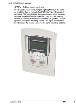 Technical data 419
ACH550-01 User's Manual
OPMP-01 Cabinet panel mounting kit
Use the cabinet panel mounting kit (option) to mount the panel
on a cabinet door to maintain the IP54 / UL Type 12 degree of
protection. The kit includes a 3-meter extension cable, mounting
template, panel platform (an interface board and two gaskets
installed), stainless steel compression bracket, gaskets (for the
operator panel) and mounting screws. The figure below shows
how to mount the control panel into the panel mounting platform.
 