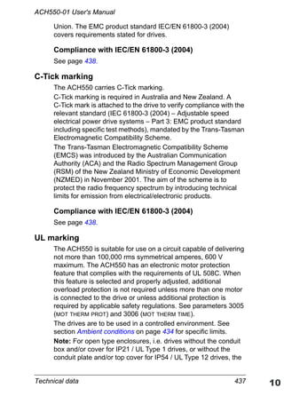 Technical data 437
ACH550-01 User's Manual
Union. The EMC product standard IEC/EN 61800-3 (2004)
covers requirements stated for drives.
Compliance with IEC/EN 61800-3 (2004)
See page 438.
C-Tick marking
The ACH550 carries C-Tick marking.
C-Tick marking is required in Australia and New Zealand. A
C-Tick mark is attached to the drive to verify compliance with the
relevant standard (IEC 61800-3 (2004) – Adjustable speed
electrical power drive systems – Part 3: EMC product standard
including specific test methods), mandated by the Trans-Tasman
Electromagnetic Compatibility Scheme.
The Trans-Tasman Electromagnetic Compatibility Scheme
(EMCS) was introduced by the Australian Communication
Authority (ACA) and the Radio Spectrum Management Group
(RSM) of the New Zealand Ministry of Economic Development
(NZMED) in November 2001. The aim of the scheme is to
protect the radio frequency spectrum by introducing technical
limits for emission from electrical/electronic products.
Compliance with IEC/EN 61800-3 (2004)
See page 438.
UL marking
The ACH550 is suitable for use on a circuit capable of delivering
not more than 100,000 rms symmetrical amperes, 600 V
maximum. The ACH550 has an electronic motor protection
feature that complies with the requirements of UL 508C. When
this feature is selected and properly adjusted, additional
overload protection is not required unless more than one motor
is connected to the drive or unless additional protection is
required by applicable safety regulations. See parameters 3005
(MOT THERM PROT) and 3006 (MOT THERM TIME).
The drives are to be used in a controlled environment. See
section Ambient conditions on page 434 for specific limits.
Note: For open type enclosures, i.e. drives without the conduit
box and/or cover for IP21 / UL Type 1 drives, or without the
conduit plate and/or top cover for IP54 / UL Type 12 drives, the
 