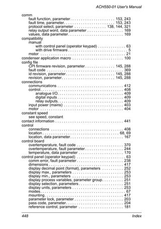 ACH550-01 User's Manual
448 Index
comm
fault function, parameter. . . . . . . . . . . . . . . . . . . . . 153, 243
fault time, parameter. . . . . . . . . . . . . . . . . . . . . . . . 153, 243
protocol select, parameter . . . . . . . . . . . . . . . 138, 144, 321
relay output word, data parameter . . . . . . . . . . . . . . . . . 169
values, data parameter. . . . . . . . . . . . . . . . . . . . . . . . . . 169
compatibility
manual
with control panel (operator keypad) . . . . . . . . . . . . . 63
with drive firmware . . . . . . . . . . . . . . . . . . . . . . . . . . . . 5
motor . . . . . . . . . . . . . . . . . . . . . . . . . . . . . . . . . . . . . . . . 21
condenser application macro . . . . . . . . . . . . . . . . . . . . . . . . 100
config file
CPI firmware revision, parameter. . . . . . . . . . . . . . 145, 288
fault code . . . . . . . . . . . . . . . . . . . . . . . . . . . . . . . . . . . . 369
id revision, parameter. . . . . . . . . . . . . . . . . . . . . . . 145, 288
revision, parameter. . . . . . . . . . . . . . . . . . . . . . . . . 145, 288
connections
communications . . . . . . . . . . . . . . . . . . . . . . . . . . . . . . . 412
control. . . . . . . . . . . . . . . . . . . . . . . . . . . . . . . . . . . . . . . 408
analogue I/O. . . . . . . . . . . . . . . . . . . . . . . . . . . . . . . 409
digital inputs . . . . . . . . . . . . . . . . . . . . . . . . . . . . . . . 409
relay outputs. . . . . . . . . . . . . . . . . . . . . . . . . . . . . . . 409
input power (mains) . . . . . . . . . . . . . . . . . . . . . . . . . . . . 403
motor . . . . . . . . . . . . . . . . . . . . . . . . . . . . . . . . . . . . . . . 404
constant speed
see speed, constant
contact information . . . . . . . . . . . . . . . . . . . . . . . . . . . . . . . . 441
control
connections . . . . . . . . . . . . . . . . . . . . . . . . . . . . . . . . . . 408
location . . . . . . . . . . . . . . . . . . . . . . . . . . . . . . . . . . . . 68, 69
location, data parameter. . . . . . . . . . . . . . . . . . . . . . . . . 167
control board
overtemperature, fault code . . . . . . . . . . . . . . . . . . . . . . 370
overtemperature, fault parameter. . . . . . . . . . . . . . . . . . 244
temperature, data parameter . . . . . . . . . . . . . . . . . . . . . 170
control panel (operator keypad) . . . . . . . . . . . . . . . . . . . . . . . 63
comm error, fault parameter. . . . . . . . . . . . . . . . . . . . . . 238
dimensions . . . . . . . . . . . . . . . . . . . . . . . . . . . . . . . . . . . 417
display decimal point (format), parameters . . . . . . . . . . 252
display max., parameters . . . . . . . . . . . . . . . . . . . . . . . . 253
display min., parameters . . . . . . . . . . . . . . . . . . . . . . . . 253
display process variables, parameter group. . . . . . . . . . 251
display selection, parameters. . . . . . . . . . . . . . . . . . . . . 251
display units, parameters . . . . . . . . . . . . . . . . . . . . . . . . 253
modes. . . . . . . . . . . . . . . . . . . . . . . . . . . . . . . . . . . . . . . . 67
mounting. . . . . . . . . . . . . . . . . . . . . . . . . . . . . . . . . . . . . 417
parameter lock, parameter . . . . . . . . . . . . . . . . . . . . . . . 203
pass code, parameter. . . . . . . . . . . . . . . . . . . . . . . . . . . 204
reference control, parameter . . . . . . . . . . . . . . . . . . . . . 181
 