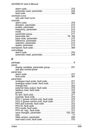 ACH550-01 User's Manual
Index 459
alarm code . . . . . . . . . . . . . . . . . . . . . . . . . . . . . . . . . . . 375
automatic reset, parameter. . . . . . . . . . . . . . . . . . . . . . . 245
fault code . . . . . . . . . . . . . . . . . . . . . . . . . . . . . . . . . . . . 365
overload curve
see user load curve
override
alarm code . . . . . . . . . . . . . . . . . . . . . . . . . . . . . . . . . . . 378
direction, parameter . . . . . . . . . . . . . . . . . . . . . . . . . . . . 214
enable, parameter . . . . . . . . . . . . . . . . . . . . . . . . . . . . . 213
frequency, parameter . . . . . . . . . . . . . . . . . . . . . . . . . . . 213
mode. . . . . . . . . . . . . . . . . . . . . . . . . . . . . . . . . . . . . . . . 212
parameter group . . . . . . . . . . . . . . . . . . . . . . . . . . . . . . . 211
parameter set . . . . . . . . . . . . . . . . . . . . . . . . . . . . . . 78, 162
pass code, parameter. . . . . . . . . . . . . . . . . . . . . . . . . . . 213
reference, parameter . . . . . . . . . . . . . . . . . . . . . . . . . . . 214
selection, parameter . . . . . . . . . . . . . . . . . . . . . . . . . . . . 213
speed, parameter . . . . . . . . . . . . . . . . . . . . . . . . . . . . . . 213
overspeed, fault code . . . . . . . . . . . . . . . . . . . . . . . . . . . . . . 369
overvoltage
alarm code . . . . . . . . . . . . . . . . . . . . . . . . . . . . . . . . . . . 375
automatic reset, parameter. . . . . . . . . . . . . . . . . . . . . . . 245
P
package. . . . . . . . . . . . . . . . . . . . . . . . . . . . . . . . . . . . . . . . . . . 9
panel
display variables, parameter group . . . . . . . . . . . . . . . . 251
see also control panel
panel loss
alarm code . . . . . . . . . . . . . . . . . . . . . . . . . . . . . . . . . . . 377
fault code . . . . . . . . . . . . . . . . . . . . . . . . . . . . . . . . . . . . 367
parameter
analogue input scale, fault code . . . . . . . . . . . . . . . . . . . 371
analogue output scale, fault code. . . . . . . . . . . . . . . . . . 371
change lock . . . . . . . . . . . . . . . . . . . . . . . . . . . . . . . . . . 203
external relay output, fault code . . . . . . . . . . . . . . . . . . . 372
fieldbus miss, fault code . . . . . . . . . . . . . . . . . . . . . . . . . 372
groups. . . . . . . . . . . . . . . . . . . . . . . . . . . . . . . . . . . . . . . 159
hz rpm, fault code . . . . . . . . . . . . . . . . . . . . . . . . . . . . . . 371
override, fault code . . . . . . . . . . . . . . . . . . . . . . . . . . . . . 372
PCU 1 (power control unit), fault code . . . . . . . . . . . . . . 372
PCU 2 (power control unit), fault code . . . . . . . . . . . . . . 371
PFA and override, fault code . . . . . . . . . . . . . . . . . . . . . 372
PFA IO, fault code . . . . . . . . . . . . . . . . . . . . . . . . . . . . . 373
PFA mode, fault code . . . . . . . . . . . . . . . . . . . . . . . . . . . 372
PFA ref. neg., fault code. . . . . . . . . . . . . . . . . . . . . . . . . 371
save changes, parameter . . . . . . . . . . . . . . . . . . . . 152, 207
sets . . . . . . . . . . . . . . . . . . . . . . . . . . . . . . . . . . . . . . . . . . 77
table version, parameter. . . . . . . . . . . . . . . . . . . . . . . . . 250
user load curve, fault code . . . . . . . . . . . . . . . . . . . . . . . 373
 