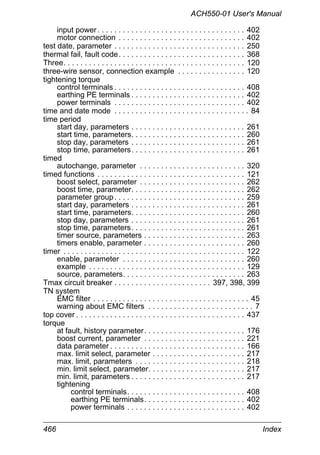 ACH550-01 User's Manual
466 Index
input power. . . . . . . . . . . . . . . . . . . . . . . . . . . . . . . . . . . 402
motor connection . . . . . . . . . . . . . . . . . . . . . . . . . . . . . . 402
test date, parameter . . . . . . . . . . . . . . . . . . . . . . . . . . . . . . . 250
thermal fail, fault code. . . . . . . . . . . . . . . . . . . . . . . . . . . . . . 368
Three. . . . . . . . . . . . . . . . . . . . . . . . . . . . . . . . . . . . . . . . . . . 120
three-wire sensor, connection example . . . . . . . . . . . . . . . . 120
tightening torque
control terminals . . . . . . . . . . . . . . . . . . . . . . . . . . . . . . . 408
earthing PE terminals . . . . . . . . . . . . . . . . . . . . . . . . . . . 402
power terminals . . . . . . . . . . . . . . . . . . . . . . . . . . . . . . . 402
time and date mode . . . . . . . . . . . . . . . . . . . . . . . . . . . . . . . . 84
time period
start day, parameters . . . . . . . . . . . . . . . . . . . . . . . . . . . 261
start time, parameters. . . . . . . . . . . . . . . . . . . . . . . . . . . 260
stop day, parameters . . . . . . . . . . . . . . . . . . . . . . . . . . . 261
stop time, parameters. . . . . . . . . . . . . . . . . . . . . . . . . . . 261
timed
autochange, parameter . . . . . . . . . . . . . . . . . . . . . . . . . 320
timed functions . . . . . . . . . . . . . . . . . . . . . . . . . . . . . . . . . . . 121
boost select, parameter . . . . . . . . . . . . . . . . . . . . . . . . . 262
boost time, parameter. . . . . . . . . . . . . . . . . . . . . . . . . . . 262
parameter group. . . . . . . . . . . . . . . . . . . . . . . . . . . . . . . 259
start day, parameters . . . . . . . . . . . . . . . . . . . . . . . . . . . 261
start time, parameters. . . . . . . . . . . . . . . . . . . . . . . . . . . 260
stop day, parameters . . . . . . . . . . . . . . . . . . . . . . . . . . . 261
stop time, parameters. . . . . . . . . . . . . . . . . . . . . . . . . . . 261
timer source, parameters . . . . . . . . . . . . . . . . . . . . . . . . 263
timers enable, parameter . . . . . . . . . . . . . . . . . . . . . . . . 260
timer . . . . . . . . . . . . . . . . . . . . . . . . . . . . . . . . . . . . . . . . . . . 122
enable, parameter . . . . . . . . . . . . . . . . . . . . . . . . . . . . . 260
example . . . . . . . . . . . . . . . . . . . . . . . . . . . . . . . . . . . . . 129
source, parameters. . . . . . . . . . . . . . . . . . . . . . . . . . . . . 263
Tmax circuit breaker . . . . . . . . . . . . . . . . . . . . . . . 397, 398, 399
TN system
EMC filter . . . . . . . . . . . . . . . . . . . . . . . . . . . . . . . . . . . . . 45
warning about EMC filters . . . . . . . . . . . . . . . . . . . . . . . . . 7
top cover . . . . . . . . . . . . . . . . . . . . . . . . . . . . . . . . . . . . . . . . 437
torque
at fault, history parameter. . . . . . . . . . . . . . . . . . . . . . . . 176
boost current, parameter . . . . . . . . . . . . . . . . . . . . . . . . 221
data parameter . . . . . . . . . . . . . . . . . . . . . . . . . . . . . . . . 166
max. limit select, parameter . . . . . . . . . . . . . . . . . . . . . . 217
max. limit, parameters . . . . . . . . . . . . . . . . . . . . . . . . . . 218
min. limit select, parameter. . . . . . . . . . . . . . . . . . . . . . . 217
min. limit, parameters . . . . . . . . . . . . . . . . . . . . . . . . . . . 217
tightening
control terminals. . . . . . . . . . . . . . . . . . . . . . . . . . . . 408
earthing PE terminals. . . . . . . . . . . . . . . . . . . . . . . . 402
power terminals . . . . . . . . . . . . . . . . . . . . . . . . . . . . 402
 