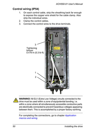 50 Installing the drive
ACH550-01 User's Manual
Control wiring (IP54)
1. On each control cable, strip the sheathing back far enough
to expose the copper wire shield for the cable clamp. Also
strip the individual wires.
2. Clamp the control cables.
3. Connect the control wires to the drive terminals.
WARNING! All ELV (Extra Low Voltage) circuits connected to the
drive must be used within a zone of equipotential bonding, i.e.
within a zone where all simultaneously accessible conductive parts
are electrically connected to prevent hazardous voltages appearing
between them. This is accomplished by a proper factory earthing.
For completing the connections, go to chapter Application
macros and wiring.
1
2
3
Tightening
torque:
0.4 N·m (0.3 lb·ft)
 