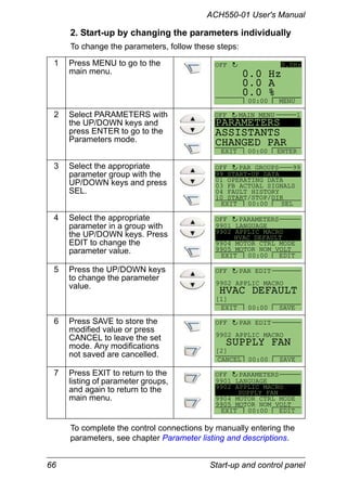 66 Start-up and control panel
ACH550-01 User's Manual
2. Start-up by changing the parameters individually
To change the parameters, follow these steps:
To complete the control connections by manually entering the
parameters, see chapter Parameter listing and descriptions.
1 Press MENU to go to the
main menu.
2 Select PARAMETERS with
the UP/DOWN keys and
press ENTER to go to the
Parameters mode.
3 Select the appropriate
parameter group with the
UP/DOWN keys and press
SEL.
4 Select the appropriate
parameter in a group with
the UP/DOWN keys. Press
EDIT to change the
parameter value.
5 Press the UP/DOWN keys
to change the parameter
value.
6 Press SAVE to store the
modified value or press
CANCEL to leave the set
mode. Any modifications
not saved are cancelled.
7 Press EXIT to return to the
listing of parameter groups,
and again to return to the
main menu.
0 A
0 Hz
0 %0.
0.
0.
0.0HzOFF
MENU00:00
PARAMETERS
ASSISTANTS
CHANGED PAR
EXIT ENTER00:00
1OFF MAIN MENU
99 START-UP DATA
01 OPERATING DATA
03 FB ACTUAL SIGNALS
04 FAULT HISTORY
10 START/STOP/DIR
PAR GROUPS 99
EXIT SEL00:00
OFF
9901 LANGUAGE
9902 APPLIC MACRO
HVAC DEFAULT
9904 MOTOR CTRL MODE
9905 MOTOR NOM VOLT
PARAMETERS
EXIT EDIT00:00
OFF
9902 APPLIC MACRO
PAR EDIT
HVAC DEFAULT
[1]
OFF
EXIT SAVE00:00
9902 APPLIC MACRO
PAR EDIT
SUPPLY FAN
[2]
OFF
CANCEL SAVE00:00
9901 LANGUAGE
9902 APPLIC MACRO
SUPPLY FAN
9904 MOTOR CTRL MODE
9905 MOTOR NOM VOLT
PARAMETERS
EXIT EDIT00:00
OFF
 