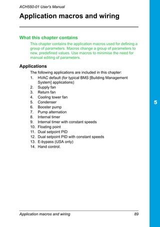 ACH550-01 User's Manual
Application macros and wiring 89
Application macros and wiring
What this chapter contains
This chapter contains the application macros used for defining a
group of parameters. Macros change a group of parameters to
new, predefined values. Use macros to minimise the need for
manual editing of parameters.
Applications
The following applications are included in this chapter:
1. HVAC default (for typical BMS [Building Management
System] applications)
2. Supply fan
3. Return fan
4. Cooling tower fan
5. Condenser
6. Booster pump
7. Pump alternation
8. Internal timer
9. Internal timer with constant speeds
10. Floating point
11. Dual setpoint PID
12. Dual setpoint PID with constant speeds
13. E-bypass (USA only)
14. Hand control.
 