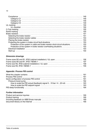 Table of contents
10
Compliance . . . . . . . . . . . . . . . . . . . . . . . . . . . . . . . . . . . . . . . . . . . . . . . . . . . . . . . . . . . . . . . 149
Category C1 . . . . . . . . . . . . . . . . . . . . . . . . . . . . . . . . . . . . . . . . . . . . . . . . . . . . . . . . . . . . 149
Category C2 . . . . . . . . . . . . . . . . . . . . . . . . . . . . . . . . . . . . . . . . . . . . . . . . . . . . . . . . . . . . 149
Category C3 . . . . . . . . . . . . . . . . . . . . . . . . . . . . . . . . . . . . . . . . . . . . . . . . . . . . . . . . . . . . 149
UL marking . . . . . . . . . . . . . . . . . . . . . . . . . . . . . . . . . . . . . . . . . . . . . . . . . . . . . . . . . . . . . . . . . . 150
UL checklist . . . . . . . . . . . . . . . . . . . . . . . . . . . . . . . . . . . . . . . . . . . . . . . . . . . . . . . . . . . . . 150
C-Tick marking . . . . . . . . . . . . . . . . . . . . . . . . . . . . . . . . . . . . . . . . . . . . . . . . . . . . . . . . . . . . . . . 150
RoHS marking . . . . . . . . . . . . . . . . . . . . . . . . . . . . . . . . . . . . . . . . . . . . . . . . . . . . . . . . . . . . . . . 150
Brake resistors . . . . . . . . . . . . . . . . . . . . . . . . . . . . . . . . . . . . . . . . . . . . . . . . . . . . . . . . . . . . . . . 151
Selecting the brake resistor . . . . . . . . . . . . . . . . . . . . . . . . . . . . . . . . . . . . . . . . . . . . . . . . . . . 151
Selecting the brake resistor cables . . . . . . . . . . . . . . . . . . . . . . . . . . . . . . . . . . . . . . . . . . . . . 153
Placing the brake resistor . . . . . . . . . . . . . . . . . . . . . . . . . . . . . . . . . . . . . . . . . . . . . . . . . . . . 153
Protecting the system in brake circuit fault situations . . . . . . . . . . . . . . . . . . . . . . . . . . . . . . . 153
Protection of the system in cable and brake resistor short-circuit situations . . . . . . . . . . . . 153
Protection of the system in brake resistor overheating situations . . . . . . . . . . . . . . . . . . . . 153
Electrical installation . . . . . . . . . . . . . . . . . . . . . . . . . . . . . . . . . . . . . . . . . . . . . . . . . . . . . . . . 153
Start-up . . . . . . . . . . . . . . . . . . . . . . . . . . . . . . . . . . . . . . . . . . . . . . . . . . . . . . . . . . . . . . . . . . 154
Dimension drawings
Frame sizes R0 and R1, IP20 (cabinet installation) / UL open . . . . . . . . . . . . . . . . . . . . . . . . . . . 156
Frame sizes R0 and R1, IP20 / NEMA 1 . . . . . . . . . . . . . . . . . . . . . . . . . . . . . . . . . . . . . . . . . . . 157
Frame size R2, IP20 (cabinet installation) / UL open . . . . . . . . . . . . . . . . . . . . . . . . . . . . . . . . . . 158
Frame size R2, IP20 / NEMA 1 . . . . . . . . . . . . . . . . . . . . . . . . . . . . . . . . . . . . . . . . . . . . . . . . . . 159
Appendix: Process PID control
What this chapter contains . . . . . . . . . . . . . . . . . . . . . . . . . . . . . . . . . . . . . . . . . . . . . . . . . . . . . . 161
Process PID control . . . . . . . . . . . . . . . . . . . . . . . . . . . . . . . . . . . . . . . . . . . . . . . . . . . . . . . . . . . 161
Quick configuration of process PID control . . . . . . . . . . . . . . . . . . . . . . . . . . . . . . . . . . . . . . . . . 161
Pressure boost pump . . . . . . . . . . . . . . . . . . . . . . . . . . . . . . . . . . . . . . . . . . . . . . . . . . . . . . . . 162
How to scale the PID actual (feedback) signal 0…10 bar / 4…20 mA . . . . . . . . . . . . . . . . 163
How to scale the PID setpoint signal . . . . . . . . . . . . . . . . . . . . . . . . . . . . . . . . . . . . . . . . . . 163
PID sleep functionality . . . . . . . . . . . . . . . . . . . . . . . . . . . . . . . . . . . . . . . . . . . . . . . . . . . . . . . . . 164
Further information
Product and service inquiries . . . . . . . . . . . . . . . . . . . . . . . . . . . . . . . . . . . . . . . . . . . . . . . . . . . . 169
Product training . . . . . . . . . . . . . . . . . . . . . . . . . . . . . . . . . . . . . . . . . . . . . . . . . . . . . . . . . . . . . . 169
Providing feedback on ABB Drives manuals . . . . . . . . . . . . . . . . . . . . . . . . . . . . . . . . . . . . . . . . 169
Document library on the Internet . . . . . . . . . . . . . . . . . . . . . . . . . . . . . . . . . . . . . . . . . . . . . . . . . 169
 