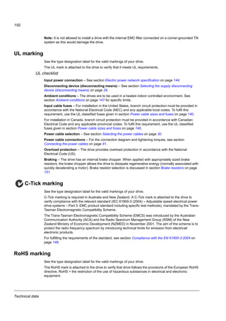 Technical data
148
CE marking
See the type designation label for the valid markings of your drive.
A CE mark is attached to the drive to verify that the drive follows the provisions of the European Low
Voltage and EMC Directives.
Compliance with the European EMC Directive
The EMC Directive defines the requirements for immunity and emissions of electrical equipment used
within the European Union. The EMC product standard (EN 61800-3:2004) covers requirements stated
for drives. See section Compliance with the EN 61800-3:2004 on page 148.
Compliance with the EN 61800-3:2004
Definitions
EMC stands for Electromagnetic Compatibility. It is the ability of electrical/electronic equipment to
operate without problems within an electromagnetic environment. Likewise, the equipment must not
disturb or interfere with any other product or system within its locality.
First environment includes establishments connected to a low-voltage network which supplies buildings
used for domestic purposes.
Second environment includes establishments connected to a network not directly supplying domestic
premises.
Drive of category C1: drive of rated voltage less than 1000 V, intended for use in the first environment.
Drive of category C2: drive of rated voltage less than 1000 V and intended to be installed and
commissioned only by a professional when used in the first environment.
Note: A professional is a person or organization having necessary skills in installing and/or
commissioning power drive systems, including their EMC aspects.
Disposal The drive contains raw materials that should be recycled to preserve energy and natural
resources. The package materials are environmentally compatible and recyclable. All
metal parts can be recycled. The plastic parts can either be recycled or burned under
controlled circumstances, according to local regulations. Most recyclable parts are marked
with recycling marks.
If recycling is not feasible, all parts excluding electrolytic capacitors and printed circuit
boards can be landfilled. The DC capacitors contain electrolyte, which is classified as
hazardous waste within the EU. They must be removed and handled according to local
regulations.
For further information on environmental aspects and more detailed recycling instructions,
please contact your local ABB distributor.
Applicable standards
The drive complies with the following standards:
• IEC/EN 61800-5-1: 2003 Electrical, thermal and functional safety requirements for adjustable frequency a.c. power
drives
• IEC/EN 60204-1: 2006 Safety of machinery. Electrical equipment of machines. Part 1: General requirements.
Provisions for compliance: The final assembler of the machine is responsible for installing
- an emergency-stop device
- a supply disconnecting device.
• IEC/EN 61800-3: 2004 Adjustable speed electrical power drive systems. Part 3: EMC requirements and specific
test methods
• UL 508C UL Standard for Safety, Power Conversion Equipment, third edition.
 