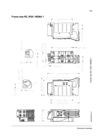 Dimension drawings
157
Frame sizes R0 and R1, IP20 / NEMA 1
R1 and R0 are identical except for the fan at the top of R1.
3AFE68637929-AFramesizesR0andR1,IP20/NEMA1
VAREMC
 