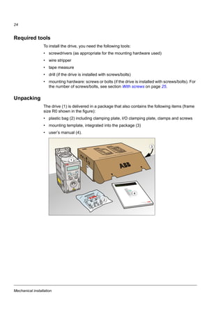 5R+6
I « +]
MYYWWRXXXX
581818
Type designation label
1 Type designation, see section Type designation key on
page 22
2 Degree of protection by enclosure (IP and UL/NEMA)
3 Nominal ratings, see section Ratings on page 137.
4 Serial number of format MYYWWRXXXX, where
M: Manufacturer
YY: 09, 10, 11, … for 2009, 2010, 2011, …
WW: 01, 02, 03, … for week 1, week 2, week 3, …
R: A, B, C, … for product revision number
XXXX: Integer starting every week from 0001
5 ABB MRP code of the drive
6 CE marking and C-Tick, C-UL US and RoHS marks
(the label of your drive shows the valid markings)
2
3
4
5
1
RoHS
6
ACS150-03E-08A8-4
ACS150 product series
01 = 1-phase input
03 = 3-phase input
1-phase/3-phase
In format xxAy, where xx indicates the integer part and y the fractional part,
for example, 08A8 means 8.8 A.
For more information, see section Ratings on page 137.
Output current rating
2 = 200…240 V AC
4 = 380…480 V AC
Input voltage range
E = EMC filter connected, 50 Hz frequency
U = EMC filter disconnected, 60 Hz frequency
Configuration
 