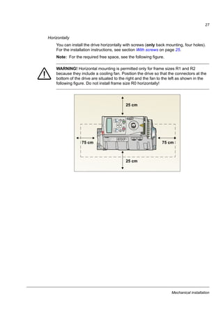 Mechanical installation
25
Checking the delivery
Check that there are no signs of damage. Notify the shipper immediately if damaged
components are found.
Before attempting installation and operation, check the information on the type
designation label of the drive to verify that the drive is of the correct type. See
section Type designation label on page 22.
Installing
The instructions in this manual cover drives with the IP20 degree of protection. To
comply with NEMA 1, use the MUL1-R1 option kit, which is delivered with
multilingual installation instructions (3AFE68642868).
Install the drive
Install the drive with screws or on a DIN rail as appropriate.
Note: Make sure that dust from drilling does not enter the drive during the
installation.
With screws
For installing the drive horizontally, see section Horizontally on page 27.
1. Mark the hole locations using for example, the mounting template cut out from the
package. The locations of the holes are also shown in the drawings in chapter
Dimension drawings on page 155. The number and location of the holes used
depend on how the drive is installed:
a) back mounting: four holes
b) side mounting: three holes; one of the bottom holes is located in the clamping
plate.
2. Fix the screws or bolts to the marked locations.
1 2 2
 
