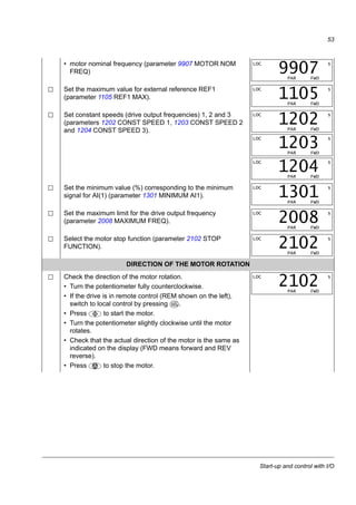 Start-up and control with I/O
51
Start-up and control with I/O
What this chapter contains
The chapter instructs how to:
• perform the start-up
• start, stop, change the direction of the motor rotation and adjust the speed of the
motor through the I/O interface.
Using the control panel to do these tasks is explained briefly in this chapter. For
details on how to use the control panel, please refer to chapter Control panel on
page 57.
How to start up the drive
WARNING! The start-up may only be carried out by a qualified
electrician.
The safety instructions given in chapter Safety on page 11 must be followed during
the start-up procedure.
The drive starts up automatically at power-up if the external run command is on and
the drive is in the remote control mode.
Check that the starting of the motor does not cause any danger. De-couple the
driven machine if there is a risk of damage in case of incorrect direction of rotation.
Check the installation. See the checklist in chapter Installation checklist on page 49.
Before you start, ensure that you have the motor nameplate data on hand.
POWER-UP
Apply input power.
The panel powers up into the Output mode.
ENTRY OF START-UP DATA
Select the application macro (parameter 9902 APPLIC
MACRO) according to how the control cables are connected.
The default value 1 (ABB STANDARD) is suitable in most cases.
The general parameter setting procedure in the Short parameter mode is
described below. You can find more detailed instructions on setting
parameters on page 65.
LOC
Hz
OUTPUT FWD
00.
LOC s
PAR FWD
9902
 