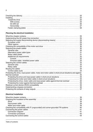 Table of contents
6
Checking the delivery . . . . . . . . . . . . . . . . . . . . . . . . . . . . . . . . . . . . . . . . . . . . . . . . . . . . . . . . . . . 25
Installing . . . . . . . . . . . . . . . . . . . . . . . . . . . . . . . . . . . . . . . . . . . . . . . . . . . . . . . . . . . . . . . . . . . . . 25
Install the drive . . . . . . . . . . . . . . . . . . . . . . . . . . . . . . . . . . . . . . . . . . . . . . . . . . . . . . . . . . . . . 25
With screws . . . . . . . . . . . . . . . . . . . . . . . . . . . . . . . . . . . . . . . . . . . . . . . . . . . . . . . . . . . . . . 25
On DIN rail . . . . . . . . . . . . . . . . . . . . . . . . . . . . . . . . . . . . . . . . . . . . . . . . . . . . . . . . . . . . . . 26
Horizontally . . . . . . . . . . . . . . . . . . . . . . . . . . . . . . . . . . . . . . . . . . . . . . . . . . . . . . . . . . . . . . 27
Fasten clamping plates . . . . . . . . . . . . . . . . . . . . . . . . . . . . . . . . . . . . . . . . . . . . . . . . . . . . . . . 28
Planning the electrical installation
What this chapter contains . . . . . . . . . . . . . . . . . . . . . . . . . . . . . . . . . . . . . . . . . . . . . . . . . . . . . . . 29
Implementing the AC power line connection . . . . . . . . . . . . . . . . . . . . . . . . . . . . . . . . . . . . . . . . . 29
Selecting the supply disconnecting device (disconnecting means) . . . . . . . . . . . . . . . . . . . . . . . . 29
European union . . . . . . . . . . . . . . . . . . . . . . . . . . . . . . . . . . . . . . . . . . . . . . . . . . . . . . . . . . . . . 29
Other regions . . . . . . . . . . . . . . . . . . . . . . . . . . . . . . . . . . . . . . . . . . . . . . . . . . . . . . . . . . . . . . . 29
Checking the compatibility of the motor and drive . . . . . . . . . . . . . . . . . . . . . . . . . . . . . . . . . . . . . 30
Selecting the power cables . . . . . . . . . . . . . . . . . . . . . . . . . . . . . . . . . . . . . . . . . . . . . . . . . . . . . . 30
General rules . . . . . . . . . . . . . . . . . . . . . . . . . . . . . . . . . . . . . . . . . . . . . . . . . . . . . . . . . . . . . . . 30
Alternative power cable types . . . . . . . . . . . . . . . . . . . . . . . . . . . . . . . . . . . . . . . . . . . . . . . . . . 31
Motor cable shield . . . . . . . . . . . . . . . . . . . . . . . . . . . . . . . . . . . . . . . . . . . . . . . . . . . . . . . . . . . 31
Additional US requirements . . . . . . . . . . . . . . . . . . . . . . . . . . . . . . . . . . . . . . . . . . . . . . . . . . . . 32
Conduit . . . . . . . . . . . . . . . . . . . . . . . . . . . . . . . . . . . . . . . . . . . . . . . . . . . . . . . . . . . . . . . . . 32
Armored cable / shielded power cable . . . . . . . . . . . . . . . . . . . . . . . . . . . . . . . . . . . . . . . . . 32
Selecting the control cables . . . . . . . . . . . . . . . . . . . . . . . . . . . . . . . . . . . . . . . . . . . . . . . . . . . . . . 33
General rules . . . . . . . . . . . . . . . . . . . . . . . . . . . . . . . . . . . . . . . . . . . . . . . . . . . . . . . . . . . . . . . 33
Relay cable . . . . . . . . . . . . . . . . . . . . . . . . . . . . . . . . . . . . . . . . . . . . . . . . . . . . . . . . . . . . . . . . 33
Routing the cables . . . . . . . . . . . . . . . . . . . . . . . . . . . . . . . . . . . . . . . . . . . . . . . . . . . . . . . . . . . . . 34
Control cable ducts . . . . . . . . . . . . . . . . . . . . . . . . . . . . . . . . . . . . . . . . . . . . . . . . . . . . . . . . . . 34
Protecting the drive, input power cable, motor and motor cable in short-circuit situations and against
thermal overload . . . . . . . . . . . . . . . . . . . . . . . . . . . . . . . . . . . . . . . . . . . . . . . . . . . . . . . . . . . . . . . 35
Protecting the drive and input power cable in short-circuit situations . . . . . . . . . . . . . . . . . . . . 35
Protecting the motor and motor cable in short-circuit situations . . . . . . . . . . . . . . . . . . . . . . . . 35
Protecting the drive, motor cable and input power cable against thermal overload . . . . . . . . . 36
Protecting the motor against thermal overload . . . . . . . . . . . . . . . . . . . . . . . . . . . . . . . . . . . . . 36
Residual current device (RCD) compatibility . . . . . . . . . . . . . . . . . . . . . . . . . . . . . . . . . . . . . . . . . 36
Implementing a bypass connection . . . . . . . . . . . . . . . . . . . . . . . . . . . . . . . . . . . . . . . . . . . . . . . . 36
Protecting the contacts of relay outputs . . . . . . . . . . . . . . . . . . . . . . . . . . . . . . . . . . . . . . . . . . . . . 37
Electrical installation
What this chapter contains . . . . . . . . . . . . . . . . . . . . . . . . . . . . . . . . . . . . . . . . . . . . . . . . . . . . . . . 39
Checking the insulation of the assembly . . . . . . . . . . . . . . . . . . . . . . . . . . . . . . . . . . . . . . . . . . . . 39
Drive . . . . . . . . . . . . . . . . . . . . . . . . . . . . . . . . . . . . . . . . . . . . . . . . . . . . . . . . . . . . . . . . . . . . . 39
Input power cable . . . . . . . . . . . . . . . . . . . . . . . . . . . . . . . . . . . . . . . . . . . . . . . . . . . . . . . . . . . 39
Motor and motor cable . . . . . . . . . . . . . . . . . . . . . . . . . . . . . . . . . . . . . . . . . . . . . . . . . . . . . . . . 39
Checking the compatibility with IT (ungrounded) and corner-grounded TN systems . . . . . . . . . . . 40
Connecting the power cables . . . . . . . . . . . . . . . . . . . . . . . . . . . . . . . . . . . . . . . . . . . . . . . . . . . . . 41
Connection diagram . . . . . . . . . . . . . . . . . . . . . . . . . . . . . . . . . . . . . . . . . . . . . . . . . . . . . . . . . . 41
Connection procedure . . . . . . . . . . . . . . . . . . . . . . . . . . . . . . . . . . . . . . . . . . . . . . . . . . . . . . . . 42
Connecting the control cables . . . . . . . . . . . . . . . . . . . . . . . . . . . . . . . . . . . . . . . . . . . . . . . . . . . . 44
 