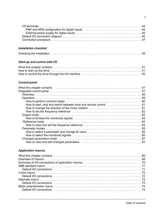Table of contents
7
I/O terminals . . . . . . . . . . . . . . . . . . . . . . . . . . . . . . . . . . . . . . . . . . . . . . . . . . . . . . . . . . . . . . . . 44
PNP and NPN configuration for digital inputs . . . . . . . . . . . . . . . . . . . . . . . . . . . . . . . . . . . . 45
External power supply for digital inputs . . . . . . . . . . . . . . . . . . . . . . . . . . . . . . . . . . . . . . . . . 45
Default I/O connection diagram . . . . . . . . . . . . . . . . . . . . . . . . . . . . . . . . . . . . . . . . . . . . . . . . . 46
Connection procedure . . . . . . . . . . . . . . . . . . . . . . . . . . . . . . . . . . . . . . . . . . . . . . . . . . . . . . . . 47
Installation checklist
Checking the installation . . . . . . . . . . . . . . . . . . . . . . . . . . . . . . . . . . . . . . . . . . . . . . . . . . . . . . . . . 49
Start-up and control with I/O
What this chapter contains . . . . . . . . . . . . . . . . . . . . . . . . . . . . . . . . . . . . . . . . . . . . . . . . . . . . . . . 51
How to start up the drive . . . . . . . . . . . . . . . . . . . . . . . . . . . . . . . . . . . . . . . . . . . . . . . . . . . . . . . . . 51
How to control the drive through the I/O interface . . . . . . . . . . . . . . . . . . . . . . . . . . . . . . . . . . . . . . 55
Control panel
What this chapter contains . . . . . . . . . . . . . . . . . . . . . . . . . . . . . . . . . . . . . . . . . . . . . . . . . . . . . . . 57
Integrated control panel . . . . . . . . . . . . . . . . . . . . . . . . . . . . . . . . . . . . . . . . . . . . . . . . . . . . . . . . . . 57
Overview . . . . . . . . . . . . . . . . . . . . . . . . . . . . . . . . . . . . . . . . . . . . . . . . . . . . . . . . . . . . . . . . . . . 58
Operation . . . . . . . . . . . . . . . . . . . . . . . . . . . . . . . . . . . . . . . . . . . . . . . . . . . . . . . . . . . . . . . . . . 59
How to perform common tasks . . . . . . . . . . . . . . . . . . . . . . . . . . . . . . . . . . . . . . . . . . . . . . . 60
How to start, stop and switch between local and remote control . . . . . . . . . . . . . . . . . . . . . . 61
How to change the direction of the motor rotation . . . . . . . . . . . . . . . . . . . . . . . . . . . . . . . . . 61
How to set the frequency reference . . . . . . . . . . . . . . . . . . . . . . . . . . . . . . . . . . . . . . . . . . . . 62
Output mode . . . . . . . . . . . . . . . . . . . . . . . . . . . . . . . . . . . . . . . . . . . . . . . . . . . . . . . . . . . . . . . . 63
How to browse the monitored signals . . . . . . . . . . . . . . . . . . . . . . . . . . . . . . . . . . . . . . . . . . 63
Reference mode . . . . . . . . . . . . . . . . . . . . . . . . . . . . . . . . . . . . . . . . . . . . . . . . . . . . . . . . . . . . 64
How to view and set the frequency reference . . . . . . . . . . . . . . . . . . . . . . . . . . . . . . . . . . . . 64
Parameter modes . . . . . . . . . . . . . . . . . . . . . . . . . . . . . . . . . . . . . . . . . . . . . . . . . . . . . . . . . . . . 65
How to select a parameter and change its value . . . . . . . . . . . . . . . . . . . . . . . . . . . . . . . . . . 65
How to select the monitored signals . . . . . . . . . . . . . . . . . . . . . . . . . . . . . . . . . . . . . . . . . . . 66
Changed parameters mode . . . . . . . . . . . . . . . . . . . . . . . . . . . . . . . . . . . . . . . . . . . . . . . . . . . . 67
How to view and edit changed parameters . . . . . . . . . . . . . . . . . . . . . . . . . . . . . . . . . . . . . . 67
Application macros
What this chapter contains . . . . . . . . . . . . . . . . . . . . . . . . . . . . . . . . . . . . . . . . . . . . . . . . . . . . . . . 69
Overview of macros . . . . . . . . . . . . . . . . . . . . . . . . . . . . . . . . . . . . . . . . . . . . . . . . . . . . . . . . . . . . . 69
Summary of I/O connections of application macros . . . . . . . . . . . . . . . . . . . . . . . . . . . . . . . . . . . . 70
ABB standard macro . . . . . . . . . . . . . . . . . . . . . . . . . . . . . . . . . . . . . . . . . . . . . . . . . . . . . . . . . . . . 71
Default I/O connections . . . . . . . . . . . . . . . . . . . . . . . . . . . . . . . . . . . . . . . . . . . . . . . . . . . . . . . 71
3-wire macro . . . . . . . . . . . . . . . . . . . . . . . . . . . . . . . . . . . . . . . . . . . . . . . . . . . . . . . . . . . . . . . . . . 72
Default I/O connections . . . . . . . . . . . . . . . . . . . . . . . . . . . . . . . . . . . . . . . . . . . . . . . . . . . . . . . 72
Alternate macro . . . . . . . . . . . . . . . . . . . . . . . . . . . . . . . . . . . . . . . . . . . . . . . . . . . . . . . . . . . . . . . . 73
Default I/O connections . . . . . . . . . . . . . . . . . . . . . . . . . . . . . . . . . . . . . . . . . . . . . . . . . . . . . . . 73
Motor potentiometer macro . . . . . . . . . . . . . . . . . . . . . . . . . . . . . . . . . . . . . . . . . . . . . . . . . . . . . . . 74
Default I/O connections . . . . . . . . . . . . . . . . . . . . . . . . . . . . . . . . . . . . . . . . . . . . . . . . . . . . . . . 74
 