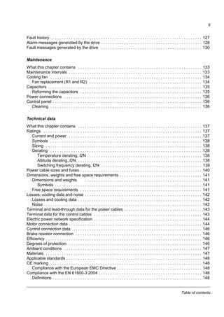 Table of contents
9
Fault history . . . . . . . . . . . . . . . . . . . . . . . . . . . . . . . . . . . . . . . . . . . . . . . . . . . . . . . . . . . . . . . . . . 127
Alarm messages generated by the drive . . . . . . . . . . . . . . . . . . . . . . . . . . . . . . . . . . . . . . . . . . . . 128
Fault messages generated by the drive . . . . . . . . . . . . . . . . . . . . . . . . . . . . . . . . . . . . . . . . . . . . 130
Maintenance
What this chapter contains . . . . . . . . . . . . . . . . . . . . . . . . . . . . . . . . . . . . . . . . . . . . . . . . . . . . . . 133
Maintenance intervals . . . . . . . . . . . . . . . . . . . . . . . . . . . . . . . . . . . . . . . . . . . . . . . . . . . . . . . . . . 133
Cooling fan . . . . . . . . . . . . . . . . . . . . . . . . . . . . . . . . . . . . . . . . . . . . . . . . . . . . . . . . . . . . . . . . . . 134
Fan replacement (R1 and R2) . . . . . . . . . . . . . . . . . . . . . . . . . . . . . . . . . . . . . . . . . . . . . . . . . 134
Capacitors . . . . . . . . . . . . . . . . . . . . . . . . . . . . . . . . . . . . . . . . . . . . . . . . . . . . . . . . . . . . . . . . . . . 135
Reforming the capacitors . . . . . . . . . . . . . . . . . . . . . . . . . . . . . . . . . . . . . . . . . . . . . . . . . . . . . 135
Power connections . . . . . . . . . . . . . . . . . . . . . . . . . . . . . . . . . . . . . . . . . . . . . . . . . . . . . . . . . . . . 136
Control panel . . . . . . . . . . . . . . . . . . . . . . . . . . . . . . . . . . . . . . . . . . . . . . . . . . . . . . . . . . . . . . . . . 136
Cleaning . . . . . . . . . . . . . . . . . . . . . . . . . . . . . . . . . . . . . . . . . . . . . . . . . . . . . . . . . . . . . . . . . . 136
Technical data
What this chapter contains . . . . . . . . . . . . . . . . . . . . . . . . . . . . . . . . . . . . . . . . . . . . . . . . . . . . . . 137
Ratings . . . . . . . . . . . . . . . . . . . . . . . . . . . . . . . . . . . . . . . . . . . . . . . . . . . . . . . . . . . . . . . . . . . . . 137
Current and power . . . . . . . . . . . . . . . . . . . . . . . . . . . . . . . . . . . . . . . . . . . . . . . . . . . . . . . . . . 137
Symbols . . . . . . . . . . . . . . . . . . . . . . . . . . . . . . . . . . . . . . . . . . . . . . . . . . . . . . . . . . . . . . . . . . 138
Sizing . . . . . . . . . . . . . . . . . . . . . . . . . . . . . . . . . . . . . . . . . . . . . . . . . . . . . . . . . . . . . . . . . . . . 138
Derating . . . . . . . . . . . . . . . . . . . . . . . . . . . . . . . . . . . . . . . . . . . . . . . . . . . . . . . . . . . . . . . . . . 138
Temperature derating, I2N . . . . . . . . . . . . . . . . . . . . . . . . . . . . . . . . . . . . . . . . . . . . . . . . . . 138
Altitude derating, I2N . . . . . . . . . . . . . . . . . . . . . . . . . . . . . . . . . . . . . . . . . . . . . . . . . . . . . . 138
Switching frequency derating, I2N . . . . . . . . . . . . . . . . . . . . . . . . . . . . . . . . . . . . . . . . . . . . 139
Power cable sizes and fuses . . . . . . . . . . . . . . . . . . . . . . . . . . . . . . . . . . . . . . . . . . . . . . . . . . . . . 140
Dimensions, weights and free space requirements . . . . . . . . . . . . . . . . . . . . . . . . . . . . . . . . . . . . 141
Dimensions and weights . . . . . . . . . . . . . . . . . . . . . . . . . . . . . . . . . . . . . . . . . . . . . . . . . . . 141
Symbols . . . . . . . . . . . . . . . . . . . . . . . . . . . . . . . . . . . . . . . . . . . . . . . . . . . . . . . . . . . . . . . . 141
Free space requirements . . . . . . . . . . . . . . . . . . . . . . . . . . . . . . . . . . . . . . . . . . . . . . . . . . . . . 141
Losses, cooling data and noise . . . . . . . . . . . . . . . . . . . . . . . . . . . . . . . . . . . . . . . . . . . . . . . . . . . 142
Losses and cooling data . . . . . . . . . . . . . . . . . . . . . . . . . . . . . . . . . . . . . . . . . . . . . . . . . . . . . . 142
Noise . . . . . . . . . . . . . . . . . . . . . . . . . . . . . . . . . . . . . . . . . . . . . . . . . . . . . . . . . . . . . . . . . . . . 142
Terminal and lead-through data for the power cables . . . . . . . . . . . . . . . . . . . . . . . . . . . . . . . . . . 143
Terminal data for the control cables . . . . . . . . . . . . . . . . . . . . . . . . . . . . . . . . . . . . . . . . . . . . . . . 143
Electric power network specification . . . . . . . . . . . . . . . . . . . . . . . . . . . . . . . . . . . . . . . . . . . . . . . 144
Motor connection data . . . . . . . . . . . . . . . . . . . . . . . . . . . . . . . . . . . . . . . . . . . . . . . . . . . . . . . . . . 144
Control connection data . . . . . . . . . . . . . . . . . . . . . . . . . . . . . . . . . . . . . . . . . . . . . . . . . . . . . . . . 146
Brake resistor connection . . . . . . . . . . . . . . . . . . . . . . . . . . . . . . . . . . . . . . . . . . . . . . . . . . . . . . . 146
Efficiency . . . . . . . . . . . . . . . . . . . . . . . . . . . . . . . . . . . . . . . . . . . . . . . . . . . . . . . . . . . . . . . . . . . . 146
Degrees of protection . . . . . . . . . . . . . . . . . . . . . . . . . . . . . . . . . . . . . . . . . . . . . . . . . . . . . . . . . . 146
Ambient conditions . . . . . . . . . . . . . . . . . . . . . . . . . . . . . . . . . . . . . . . . . . . . . . . . . . . . . . . . . . . . 147
Materials . . . . . . . . . . . . . . . . . . . . . . . . . . . . . . . . . . . . . . . . . . . . . . . . . . . . . . . . . . . . . . . . . . . . 147
Applicable standards . . . . . . . . . . . . . . . . . . . . . . . . . . . . . . . . . . . . . . . . . . . . . . . . . . . . . . . . . . . 148
CE marking . . . . . . . . . . . . . . . . . . . . . . . . . . . . . . . . . . . . . . . . . . . . . . . . . . . . . . . . . . . . . . . . . . 148
Compliance with the European EMC Directive . . . . . . . . . . . . . . . . . . . . . . . . . . . . . . . . . . . . . 148
Compliance with the EN 61800-3:2004 . . . . . . . . . . . . . . . . . . . . . . . . . . . . . . . . . . . . . . . . . . . . . 148
Definitions . . . . . . . . . . . . . . . . . . . . . . . . . . . . . . . . . . . . . . . . . . . . . . . . . . . . . . . . . . . . . . . . . 148
 