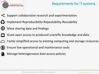 www.d4science.org
Requirements for IT systems
Support collaborative research and experimentation
Implement Reproducibility-Repeatability-Reusability
Allow sharing data and findings
Grant open access to produced scientific knowledge and data
Tackle simplified access to existing computing and storage resources
Ensure low operational and maintenance costs
Manage heterogeneous data access policies
D4Science: Facilitator for a FAIR data management 4
 