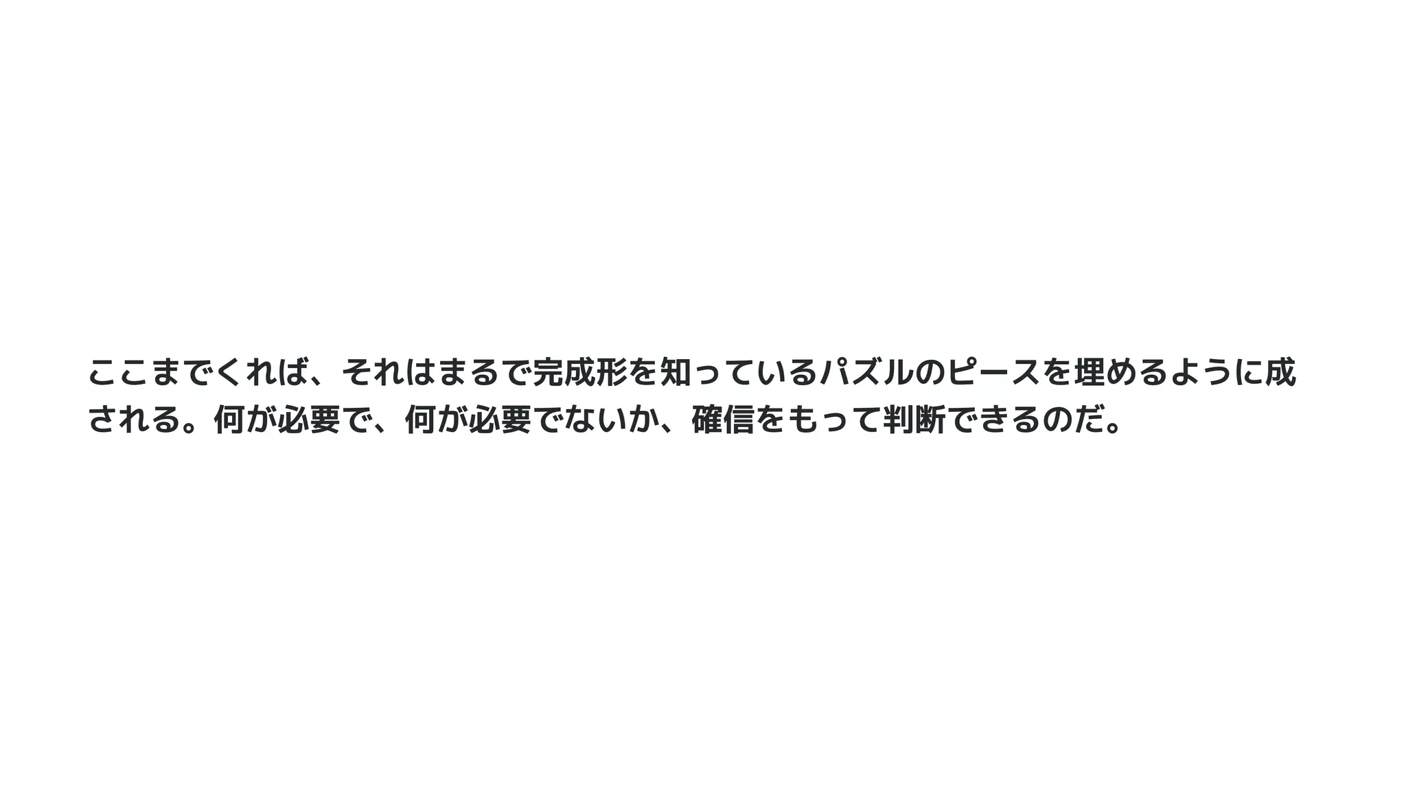 ここまでくれば、それはまるで完成形を知っているパズルのピースを埋めるように成
される。何が必要で、何が必要でないか、確信をもって判断できるのだ。
 