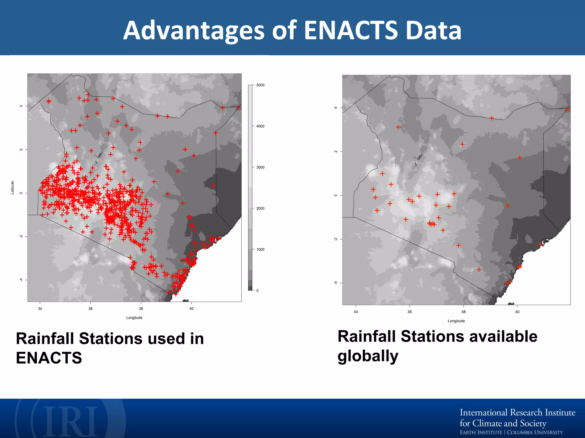 Advantages	of	ENACTS	Data	
Rainfall Stations used in
ENACTS
Rainfall Stations available
globally
 